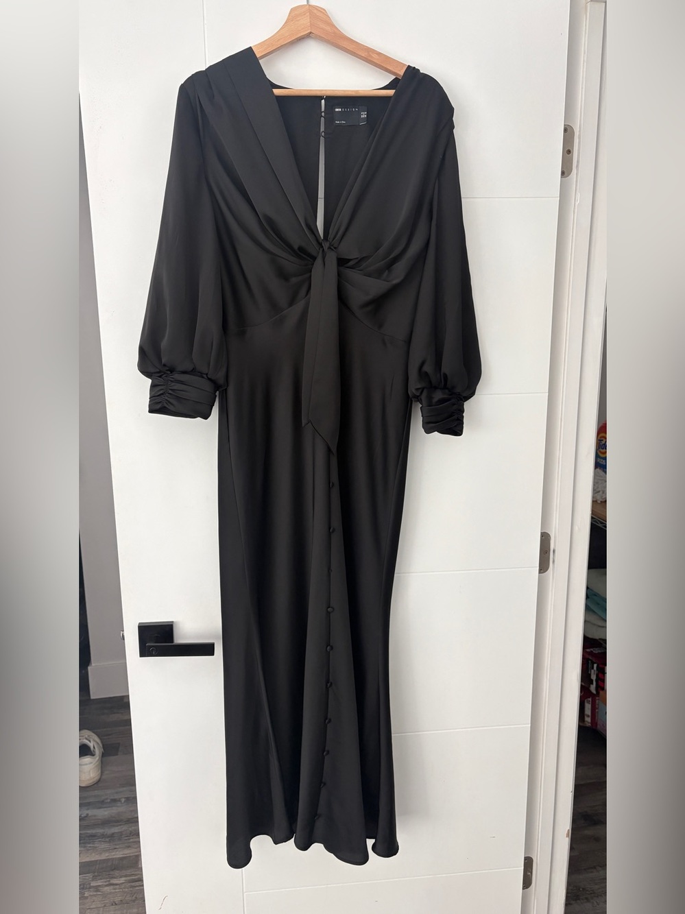 ASOS Design Black Long Sleeve Knot Front Maxi Dress Size 12